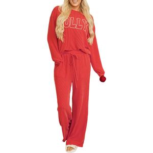 SELINK Christmas Pajamas for Women JOLLY Corded Long Sleeve Top and Pants Matching Lounge Set with Pockets (Red, M)