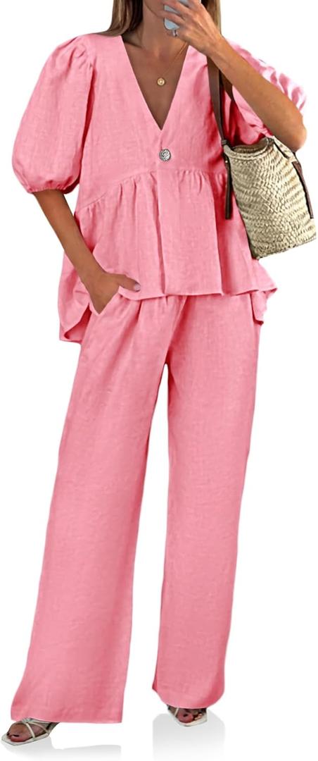 Tankaneo Womens 2 Piece Linen Sets Summer Vacation Outfits V Neck Puff Sleeve Babydoll Tops Wide Leg Pants Matching Sets (Pink, M)