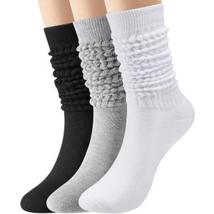 3 Pairs Slouch Socks Women, Long Winter Thigh High Boot Scrunch Socks, Warm Soft Slouchy Sock for Women Size 5-11 (Black, White, Light Grey)