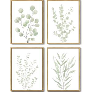 Drsoum Botanical Plant Framed Wall Art Boho Wall Decor for Bathroom Sage Green Eucalyptus Leaf Prints Minimalist Aesthetic Ready to Hang Set of 4, 11x14 in (Natural Framed)