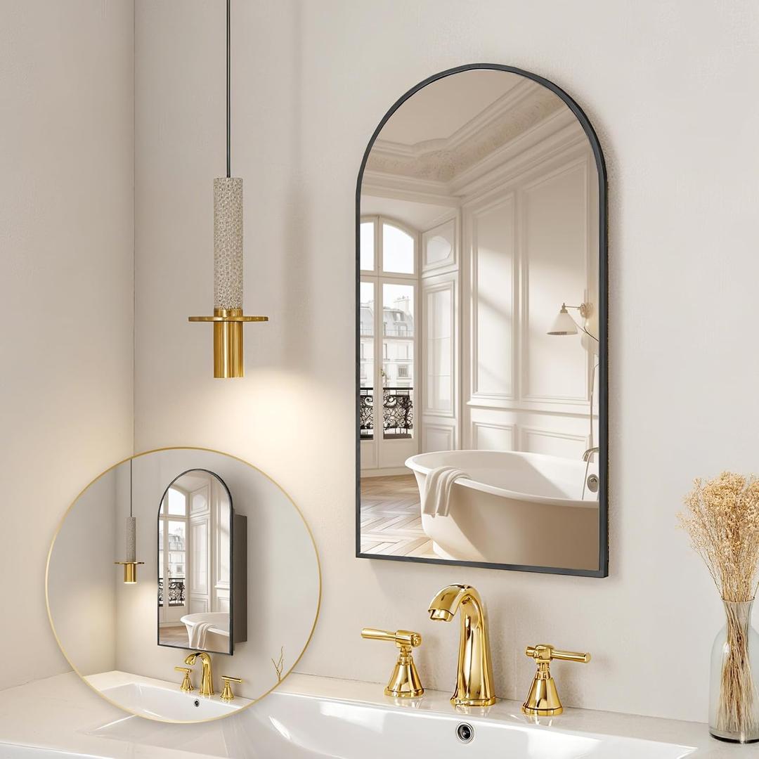 Arched Medicine Cabinet Mirror No Assembly Needed Bathroom Mirror with Storage Recessed or Surface Mount Options (Black, 29.5" L x 15.8" W)