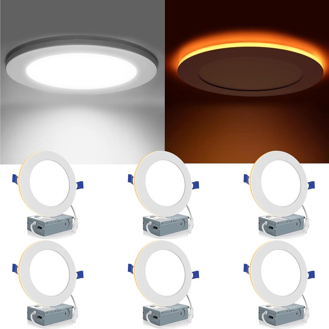 Meconard 6 Pack 6 Inch 5CCT LED Recessed Lighting with Night Light, 2700K/3000K/3500K/4000K/5000K Selectable Ultra-Thin LED Recessed Ceiling Lights, 12W=110W, 1050LM, Dimmable Canless Wafer Downlight (White)