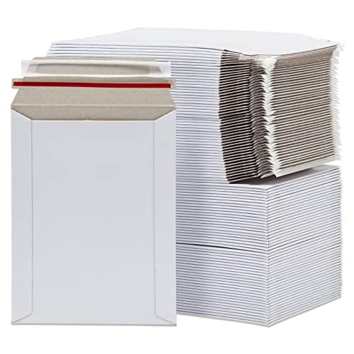 100 Pack 6x8 Rigid Mailers - 550 GSM Thick Self Adhesive Stay Flat Cardboard Envelopes for Shipping Photos, Documents, Collectible Trading Cards (White)