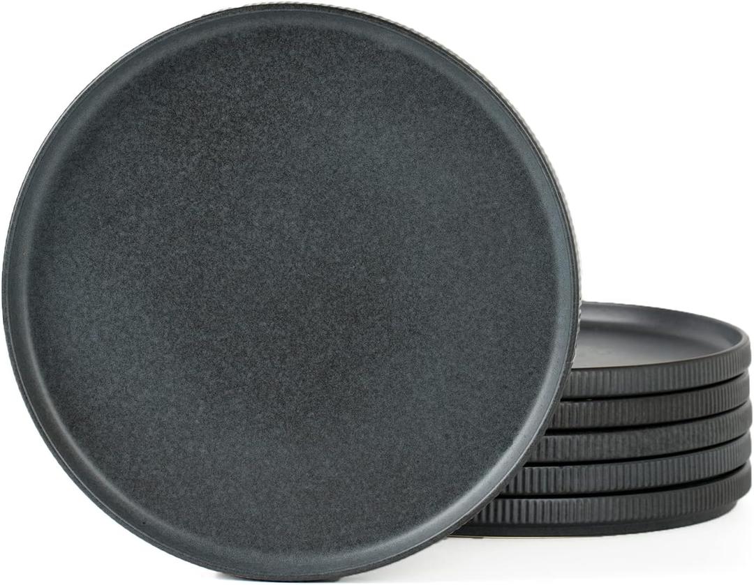 famiware Star Salad Plates for 6, 8 inches Plate Set, Stoneware Dinnerware, Small Dinner Plates for Dessert, Salad, Appetizer, Matte Dark Charcoal (Full Glaze)
