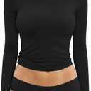 MANGOPOP Women's Double Lined Short Sleeve Long Sleeve Tops Crew Neck T Shirt Compression Fitted Basic Tee (Medium)