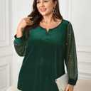 SCOMCHIC Women's Plus Size Blouses Long Sleeve V Neck Sparkly Sequin Velvet Top Dressy Casual Loose Shirts Party Tops (XX-Large Plus, Emerald Green)