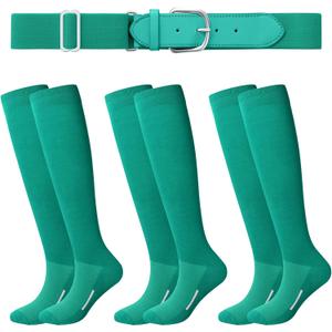 Haysandy Baseball or Softball Sock and Belt Combo Set 3 Football Baseball Socks with Softball Belt for Youth Boys Kids (Small, Teal)