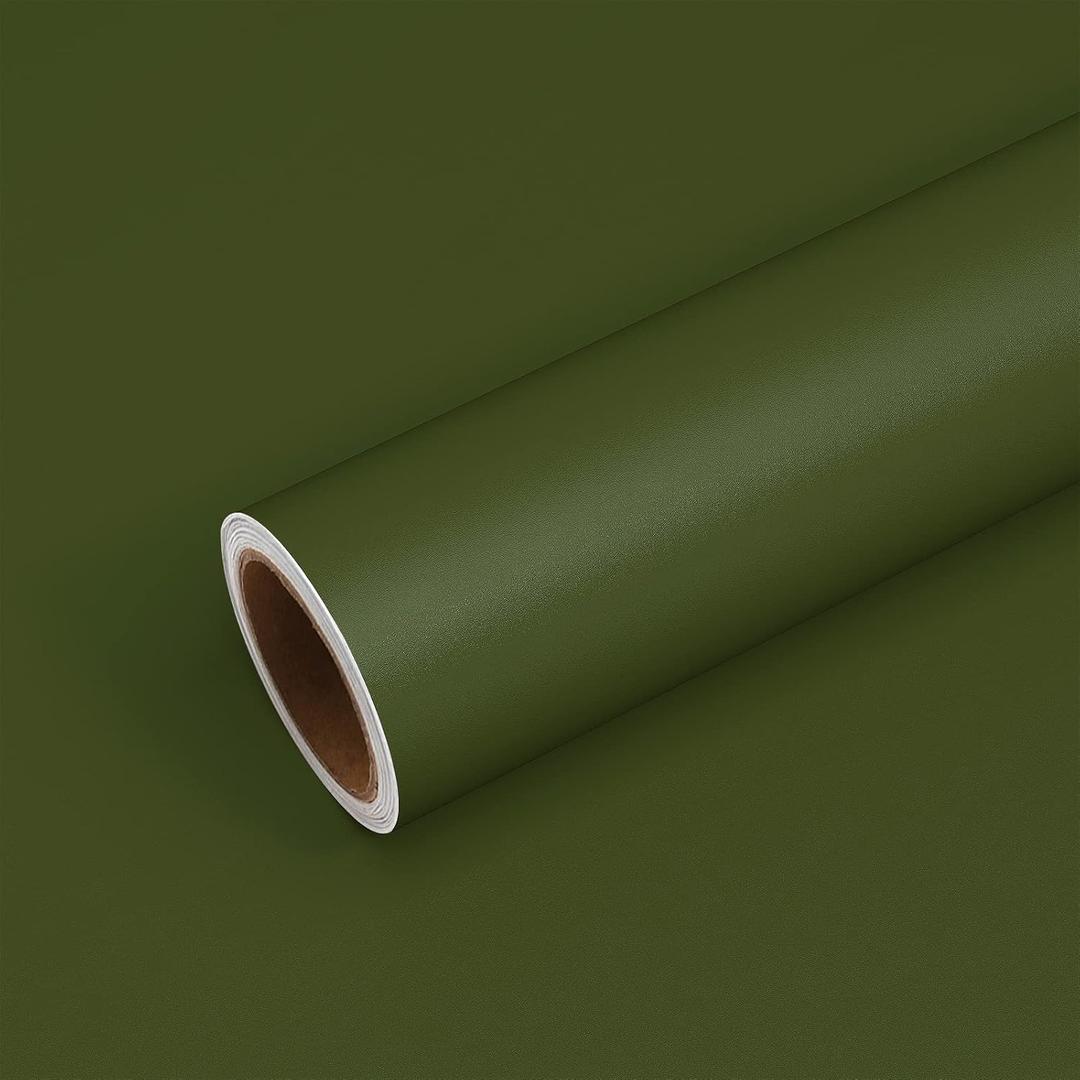 VEELIKE Thick Olive Green Wallpaper Vintage Green Peel and Stick Wallpaper for Kitchen Cabinets Bathroom Bedroom 24''x118'' Removable Self Adhesive Green Contact Paper for Walls Countertop Shelf Liner