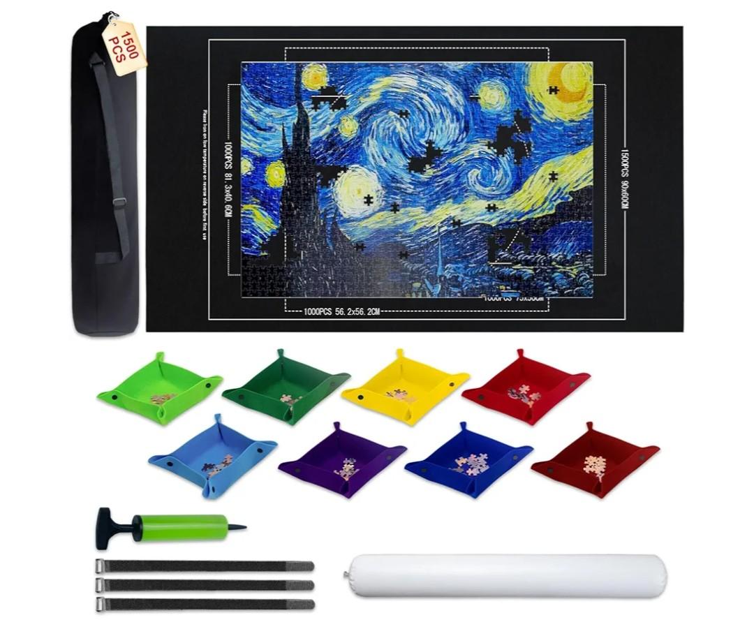 Large Puzzle Roll Up Mat with 8 Sorting Trays & Air Pump System, 46x26 Inch Portable Puzzle Storage Mat for 500 to 1500 Piece Puzzles, Includes Storage Bag