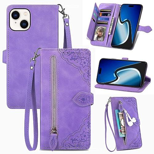 TopFunny Cases for iPhone 15 Wallet Case for Women with Card Holder Retro Embossed Flower Zipper Wallet PU Leather Flip Cover with Detachable Lanyard for Apple iPhone 15 6.1" Purple
