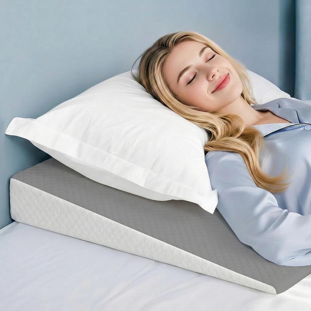 Wedge Pillow, 5 inch Bed Wedge Pillow for Sleeping, Snoring, Back Support, After Surgery, Removable Washable Cover (Grey-White)