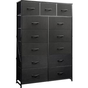 WLIVE Tall Dresser for Bedroom with 13 Drawers, Storage Dresser Organizer Unit, Fabric Dressers for Bedroom, Closet, Chest of Drawers with Fabric Bins, Steel Frame, Wood Top, Charcoal Black