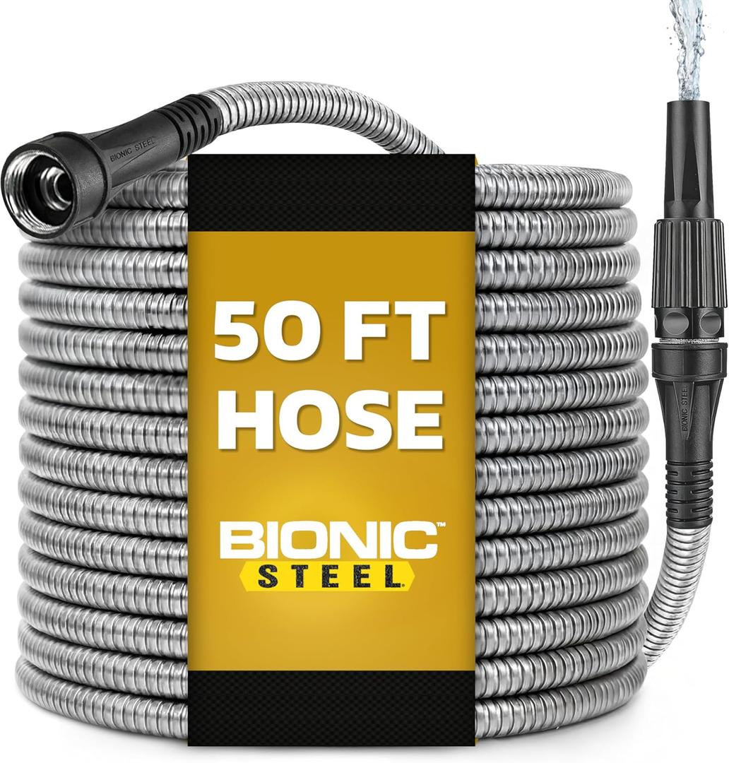 BIONIC STEEL 50 Ft Metal Garden Hose with Sprayer Nozzle, Non Kinking Designed Stainless Steel Heavy Duty Water Hose 50Ft x 5/8 in. Ultra Flexible NON Expandable for Uninterrupted Water Flow, 500 PSI
