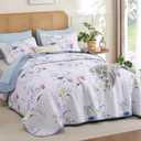 WONGS BEDDING Floral Quilt Set Queen Size, 3 Pieces Colorful Botanical Plants Pattern Bedspread Coverlet Set with 2 Pillowcases, Soft Lightweight Microfiber Bedding Set for All Season(96"90")