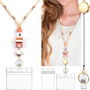 Teacher Lanyard with ID Holder, Fashion Wood Beaded Lanyard for Keys with Rainbow and Coffee Cup Elements, Super Cute Boho Breakaway Lanyards for Teachers Women