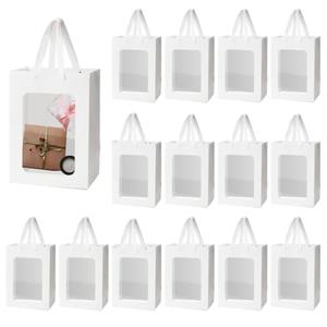 15 Pcs White Gift Bags with Clear Window, 7"x5.1"x9.8" Kraft Paper Shopping Bags with Handles, Bulk Treat Bags, Reusable Favor Bags for Graduation Birthday Wedding Party Bouquet Wrapping Gifts (Small)