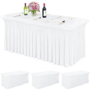 Table Skirt for 6ft Tables Spandex White Table Cover with Skirt 3 Packs Stretchy Tablecloth Wrinkle-Resistant Ruffles Elastic Table Covers for Wedding, Banquet, Birthday Parties