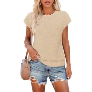 MEROKEETY Women's Fall Fuzzy Fleece Sweater Vest Cozy Cap Sleeve Crew Neck Pullover Knit Tops (Beige, XL)