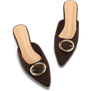 Coutgo Womens Mules Flats Closed Pointed Toe Slip On Slides Office Work Dress Shoes with Metal Buckle, Chocolate Suede, Size 6.5