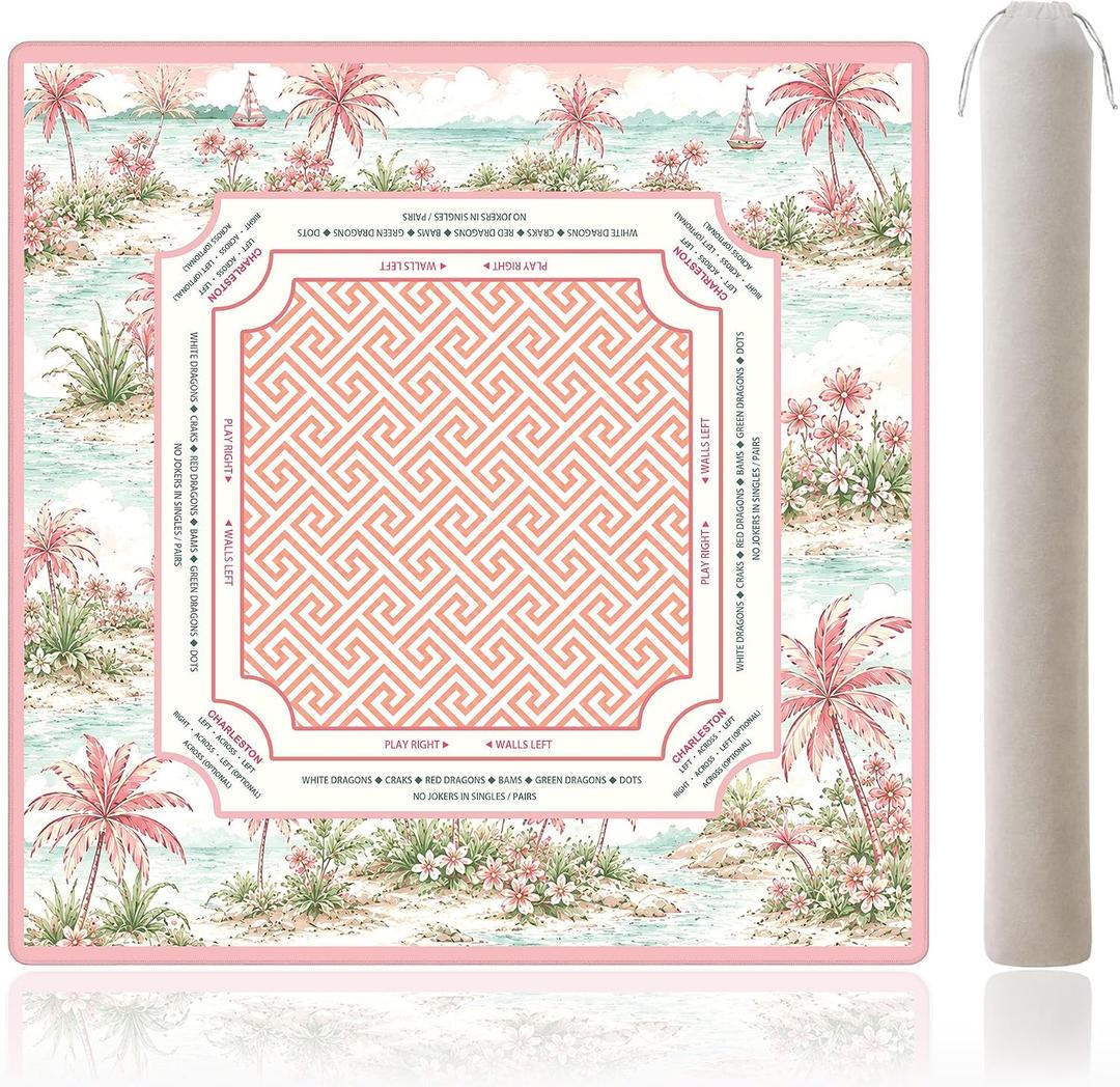 Pink Tropical Island Mahjong Mat for Table with Rules | 31.5x31.5 Inch; waterproof neoprene surface, non-slip backing, rules guide for smooth palm beach American mah jongg play