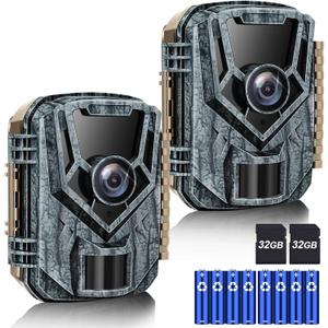 Trail Camera 2 Pack 36 MP 2.7K Game Camera 32GB Memory Card 4 Batteries Time 2.0" LCD Screen, Trail Cameras with 120Wide Night Vision IP66 Waterproof for Monitoring Wildlife Trail Cam