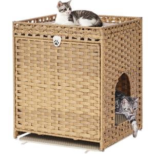 Cat Litter Box Enclosure with Soft Litter Mat; Hidden Cat Washroom Furniture with Door; Handwoven Rattan Cat House; Pet Crate for Living Room, Bedroom, Balcony (Natural)