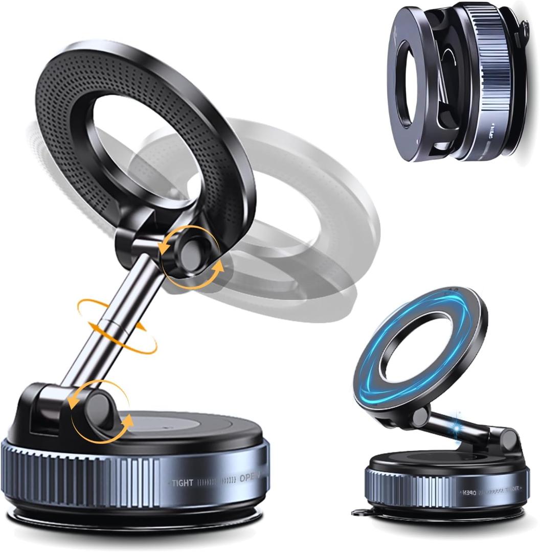 Car Phone Holder for Magsafe, 360 Adjustable Vacuum Magnetic Phone Mount with 3000gf Magnetic Grip & 40LBS Suction Cup, Shockproof Design for All Smartphones