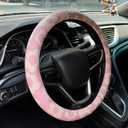 Vintage Groovy Flowers Car Leather Steering Wheel Cover - 15-inch Universal Microfiber- Soft & Breathable & Silicone Anti Slip Auto Steering Wheel Wrap for Women (Pink)
