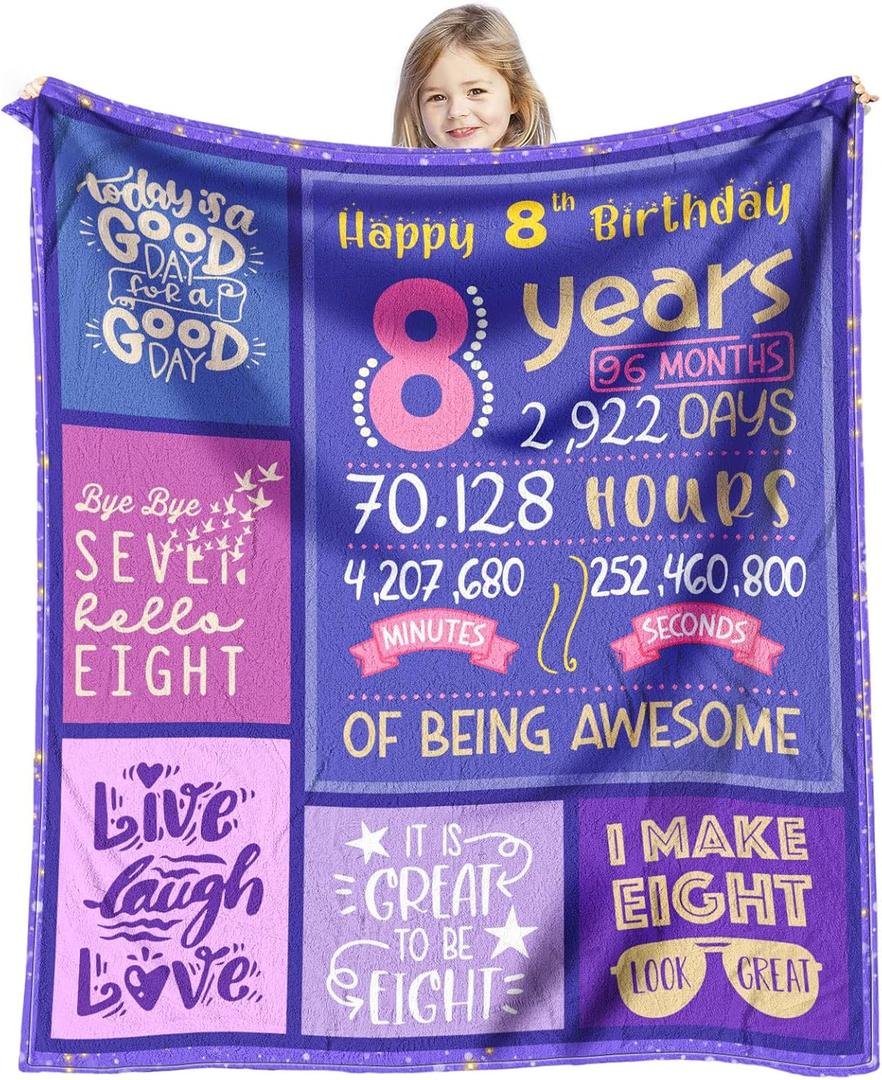 8 Year Old Girl Birthday Gift - Birthday Gifts for 8 Year Old Girls - 8 Yr Old Girl Gift Ideas - 8 Yr Old Girls Bday Gift Throw Blanket 60 x 50 inch - 8th Bday Decorations for Teen
