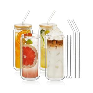 LIBWYS 16oz Double Wall Drinking Glass Cups with Bamboo Lids and Straws, 4 Pc Set – Condensation Resistant Insulated Glass Can Tumblers for Cold Drinks, Iced Coffee, Tea, Juice, Cleaning Brush