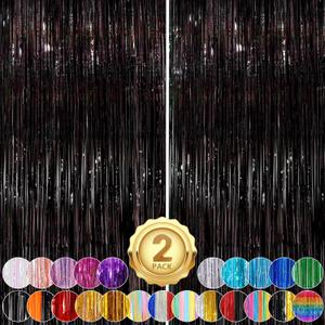 Black Fringe Curtain Party Streamers 2Pack 3.3x8.3 Ft Foil Fringe Backdrop Curtains for Birthday Wedding Bridal Baby Shower Holiday Tinsel Streamers Black Party Decorations Door Streamer