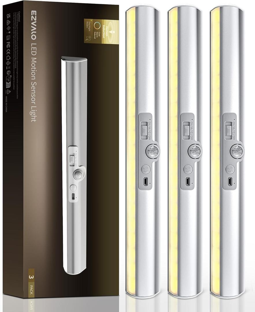 EZVALO 3 Pack Motion Sensor Closet Lights, 15inch Rechargeable Under Cabinet Lights with Rotatable Sensor, Glare-Free, 3 Color Temps & Dimmable, Magnetic Night Light for Pantry, Stairs