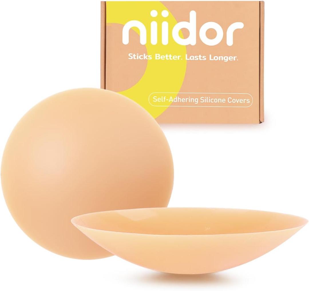 Niidor Non-Adhesive Nipple Covers for Women, Grippy Silicone Nipple Pasties Reusable With Travel Case Circle & Triangle Combo (S)
