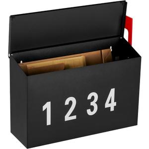 LANDVOI Wall-Mount Mailbox with One Flag Kit and Three Sets of 0-9 Mailbox Number Stickers, Mailboxes for Outside, Galvanized Steel Rust-Proof Metal Post Box, 4.33" Dx14.2 Wx10.43 H, Black, AMB03B