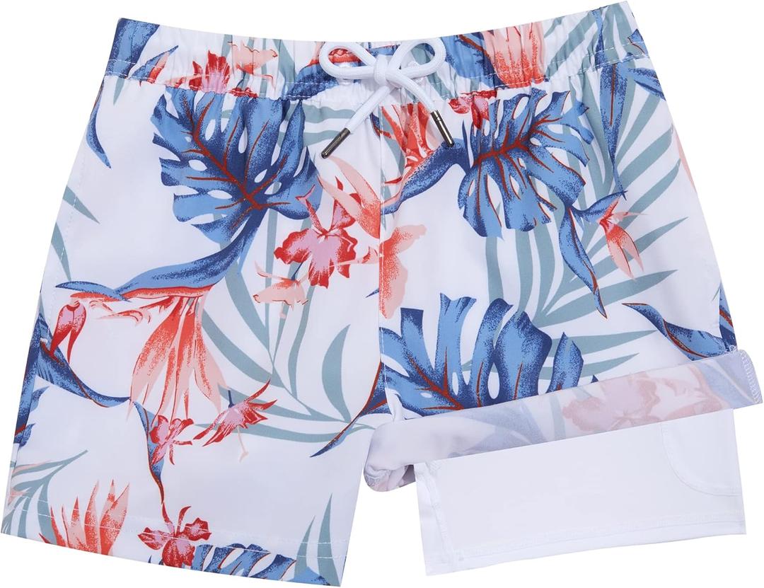 BRISIRA Boys Swim Trunks Bathing Suit Compression Boxer Brief Liner Swim Shorts Swimsuit Anti-Chafe Toddler Kids Youth Teen (7, Whitetropicalleaves)