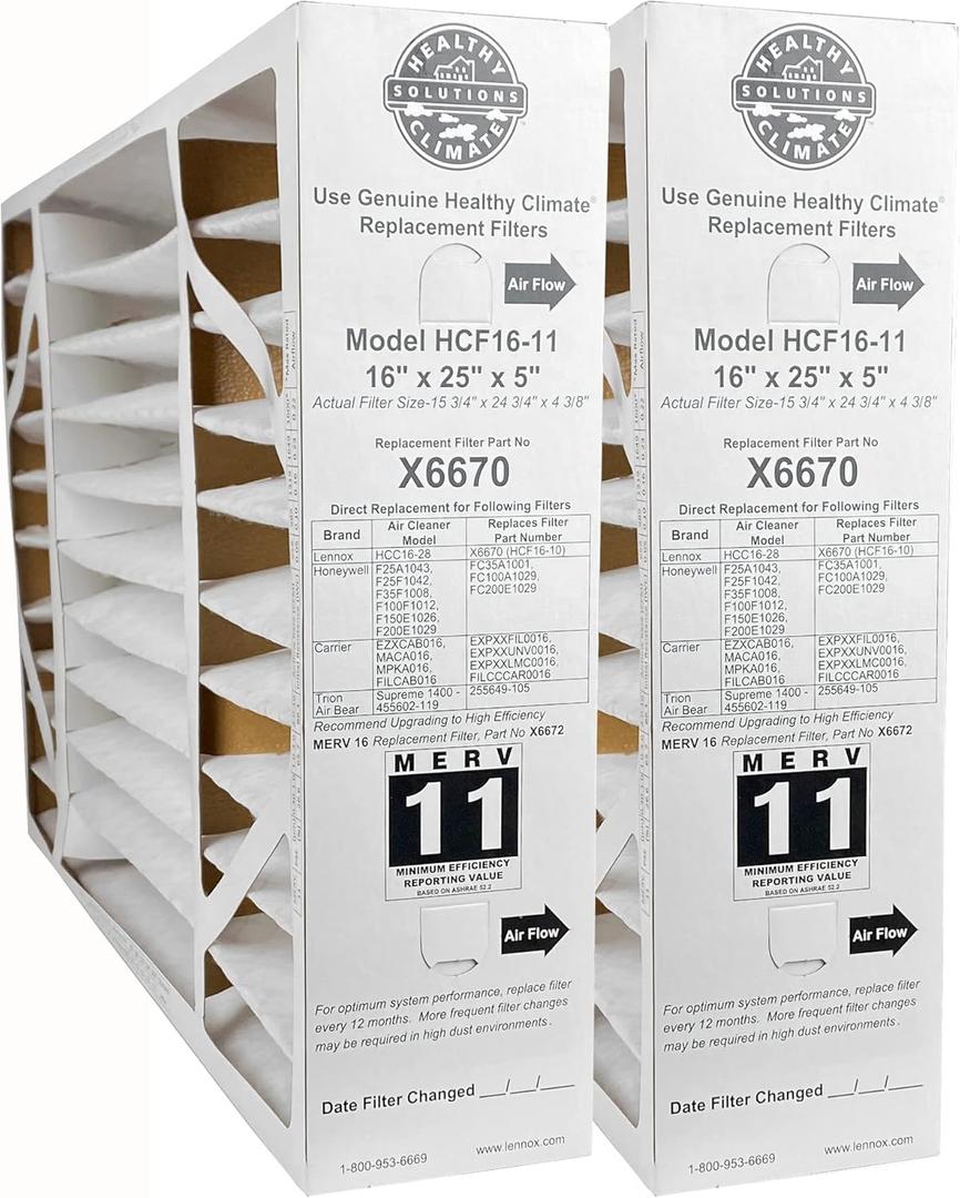 Lennox X6670 - (2-Pack) Healthy Climate 16" x 25" x 5" OEM HCF16-11 Air Filter, MERV 11