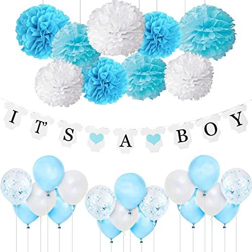 Baby Shower Decorations for Boy Blue and white, with It’s a Boy Banner, Confetti Latex Balloons and Tissue Paper Pom, for Baby Shower Supplies for boy