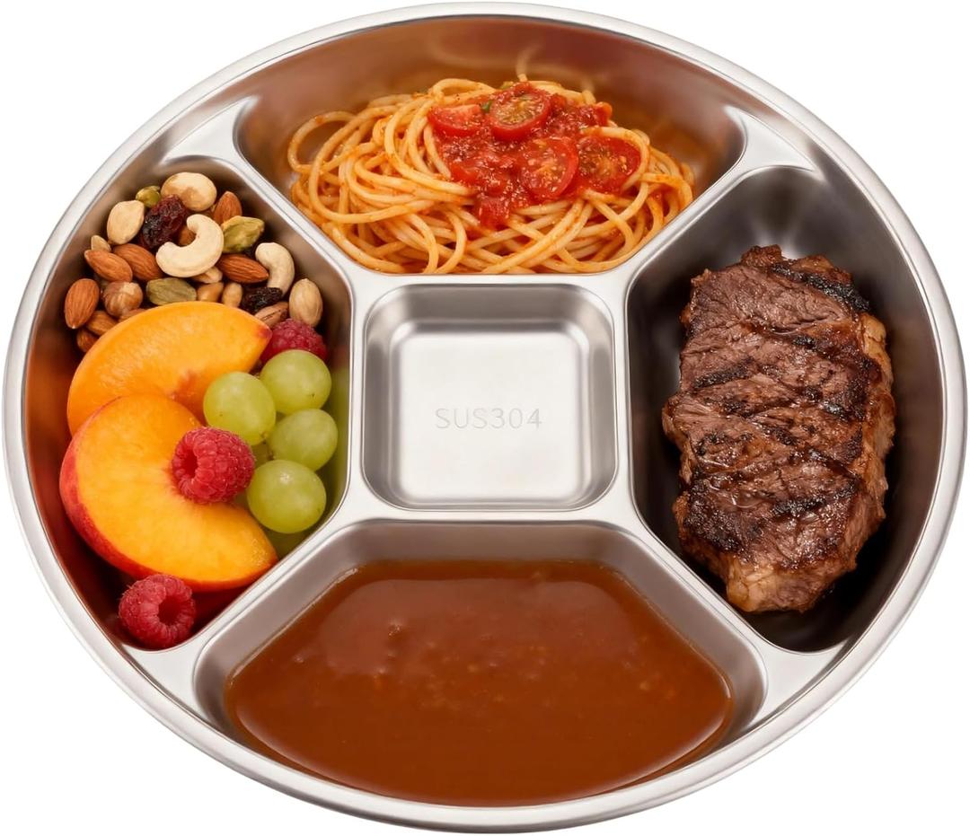 304 Stainless Steel Divided Plate, 8.9 in Five-Compartment Serving Dish, Multipurpose Food Prep Tray, Practical Portion Control Plate, Stackable and Easy to Clean Design
