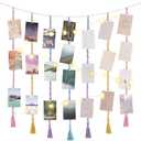 Mkono Macrame Hanging Photo Display Wall Decor with String Lights, Boho Wooden Beads Garland Collage Picture Card Frame Holder with 45 Clips for Bedroom Living Room Dorm, Teen Girls Christmas Gifts (Large, Multi)