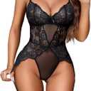 Avidlove Women Sexy Lingerie Lace Bodysuit with Garter Belt & Thigh Straps Mesh Garter Lingerie Set (Large, Black)