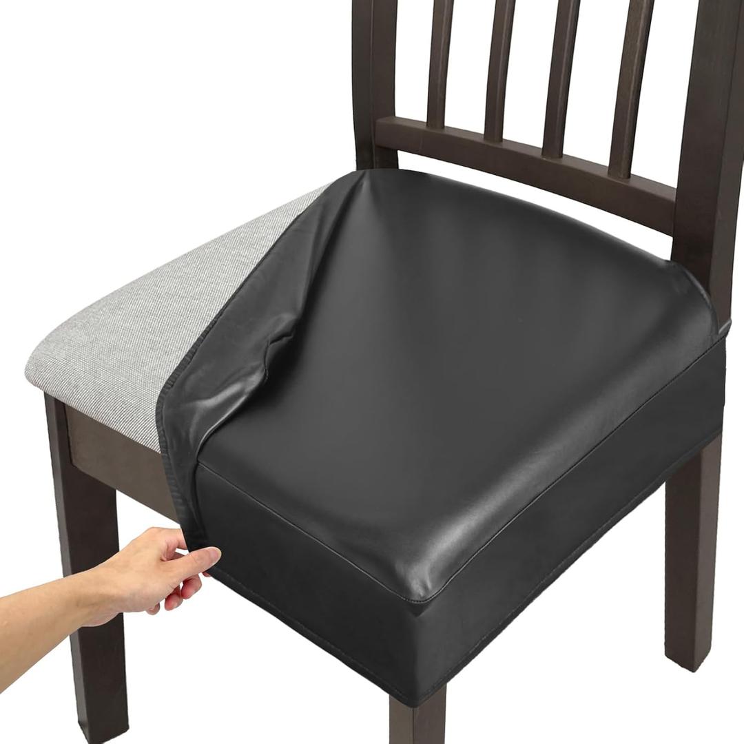 Soft Leather Chair Seat Covers Dining Chairs Set of 4, Waterproof Seat Covers for Kitchen High Stretch & Well-Fitted Chair Covers Dining Chairs with Elastic Ties (Black, Rear-Covered)