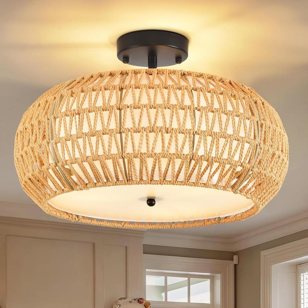 ZECOXOL Boho Flush Mount Ceiling Light Fixture 17.8", 3 Light Rattan Chandelier Light Fixture Woven Wicker Ceiling Light Fixtures Flush Mount for Hallway Bedroom Kitchen Entryway Living Room Island