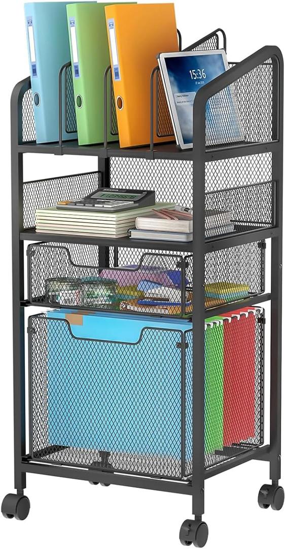 2 Drawer File Cabinet with Adjustable Dividers - 4-Tier Mobile Vertical Filing Cabinet on Lockable Wheels,Hanging File Organizer Cart for Letter-Size,Rolling Utility Cart for Home Office