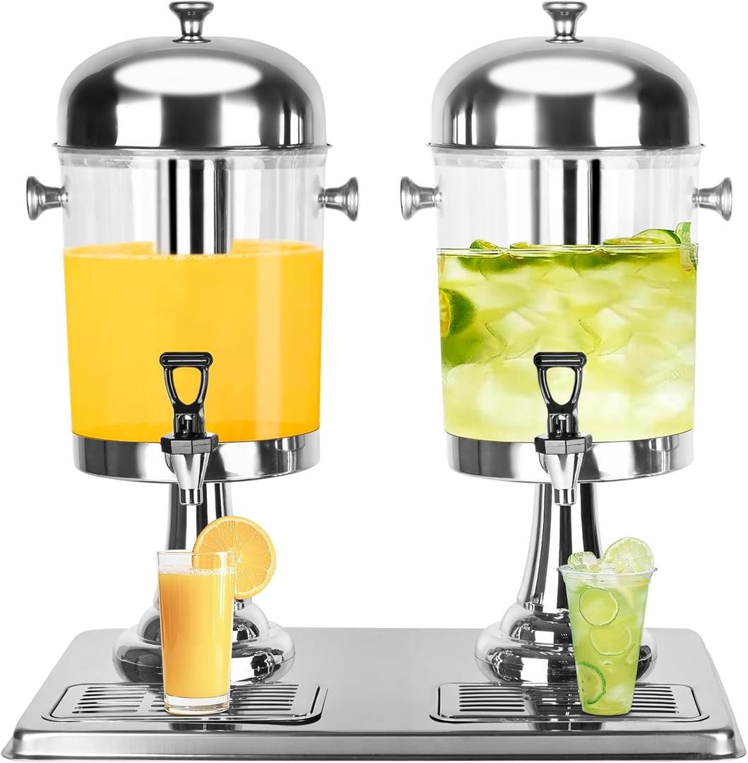 Drink Dispenser with Stand, 4.2 Gallon Beverage Dispenser for Parties, Stainless Steel Dual-Head Juice Dispenser with Centre Ice Core and Drip Trays for Parties, Buffet Cafeterias, Homes (EXP 03/06/27)