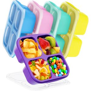 Canfanni 5 Pcs Bento Snack Containers, Reusable 4 Compartment Divided Food Storage Containers, Divided Lunchable Container for School, Work and Travel (Transparent Lids)