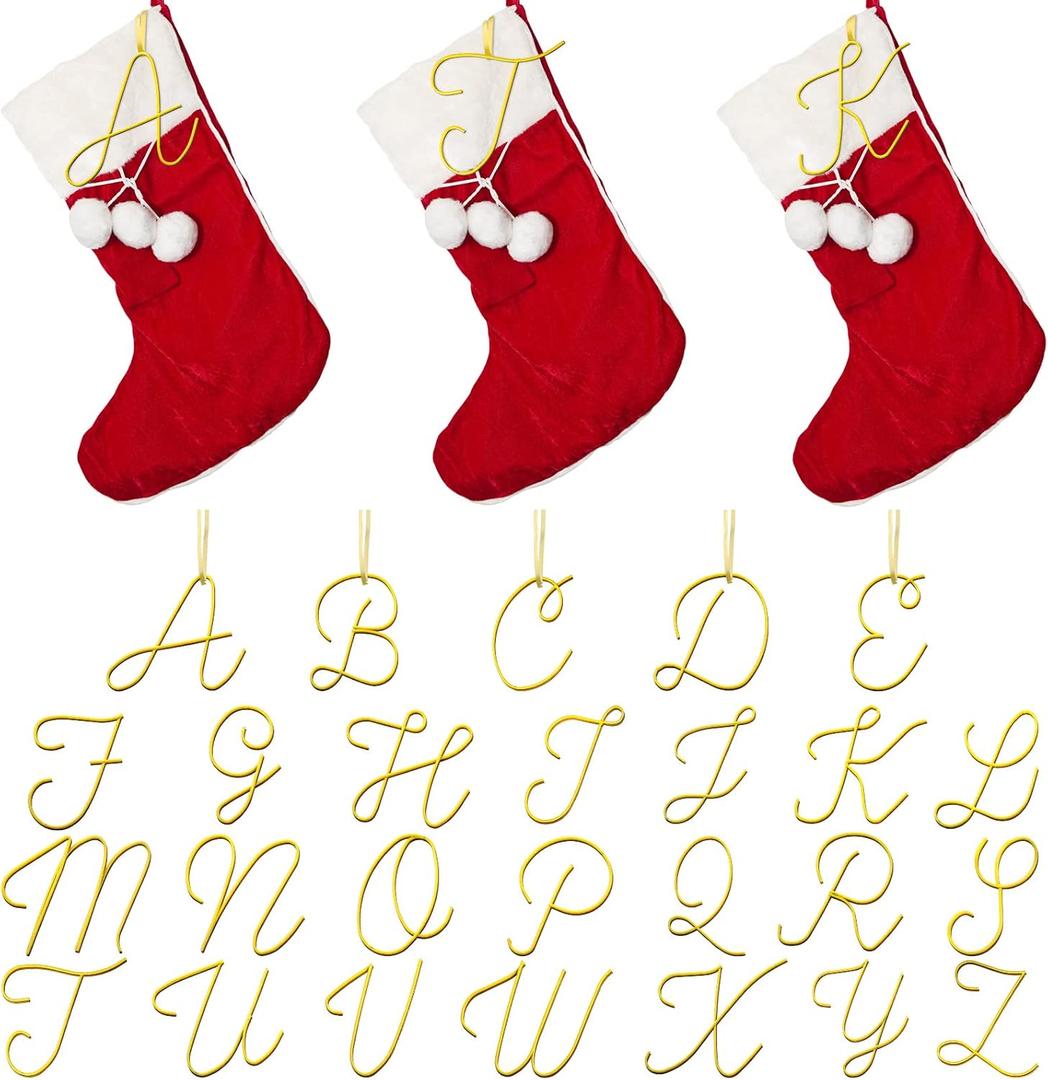 Tandefio 26 Pcs Christmas Initial Ornament for Stockings Gold Letters Ornaments Metal Alphabet Tags Farmhouse Hanging Tags for Xmas Tree Fireplace Decorations