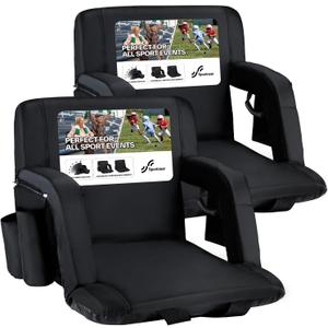 Sportneer Stadium Seats with Back Support: 2.5'' Thick Comfy Cushion 6 Adjustable Angle Bleacher Seat with Armrest - 2 Large Pockets, 2 Cup Holders Stadium Chair for Sport Events Concerts Parks (Black, 2 Pack)