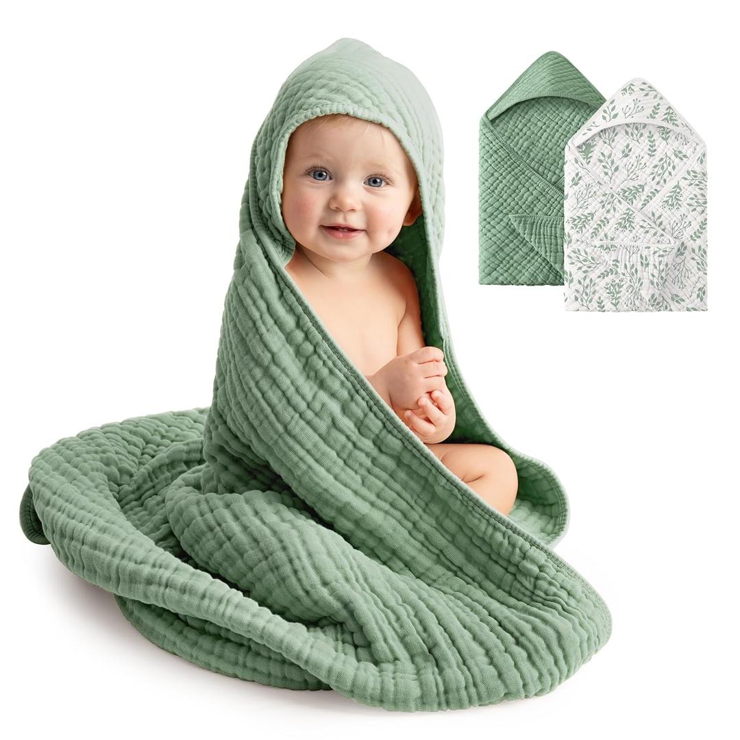Baby Bath Towels, 100% Muslin Cotton Hooded Baby Towels for Newborn, 2 Pack Baby Towels with Hood for Infant Toddler and Kids, Large 32x32Inch Unisex Bath Essentials, Soft and Absorbent (Darkgreen&leaf)