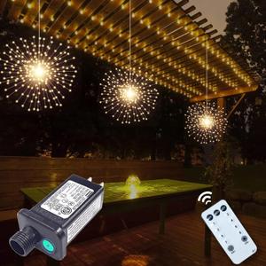 3 Pack 600 LED Plug-in Starburst Lights, Firework Light 8 Modes Dimmable Remote Control Waterproof Hanging Fairy Lights, Copper Wire Light for Patio Party Tent Halloween Christmas Decor (Warm White)