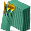Qilery 50 Pcs Paper Linen Napkins Disposable Airlaid Paper Prefolded Dinner Napkins with Built in Flatware Pocket for Silverware Valentine Wedding Party Christmas Day (Lake Green)